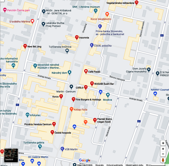 Pozrite si mapu stravovacích zariadení v okolí kina Moskva, zdroj obrázka: maps.google.com