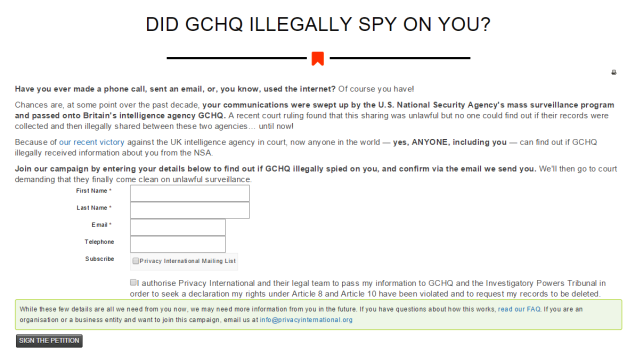 Jednotlivci, ktorí chcú zistiť či boli nelegálne sledovaní britskou informačnou službou Government Communications Headquarters, sa môžu registrovať zadaním mena, priezviska a e-mailu, zdroj obrázka: privacyinternational.org