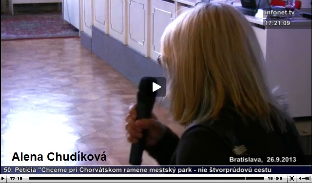 Pozrite si vystúpenie Aleny Chudíkovej (od 17. minúty) na mestskom zastupiteľstve hlavného mesta Slovenskej republiky Bratislavy dňa 26. septembra 2013, zdroj: zastupitelstvo.sk