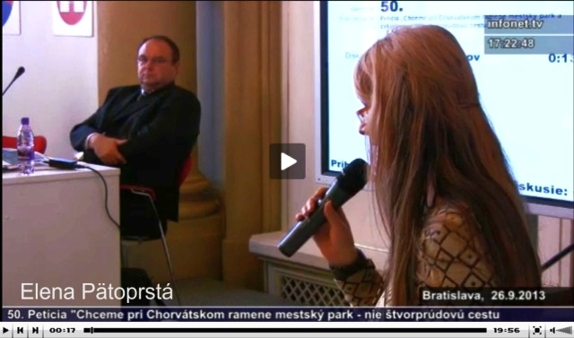 Pozrite si vystúpenie Eleny Pätoprstej na mestskom zastupiteľstve hlavného mesta Slovenskej republiky Bratislavy dňa 26. septembra 2013, zdroj: zastupitelstvo.sk