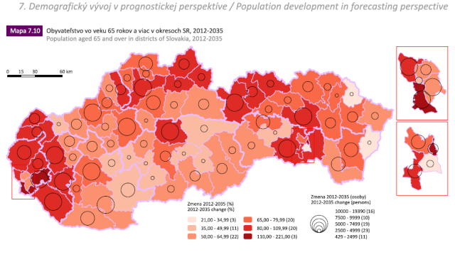 mapa obyvateľstva vo veku 65 rokov a viac v publikácii Demografický atlas Slovenskej republiky, zdroj obrázka: Prírodovedecká fakulta UK v Bratislave