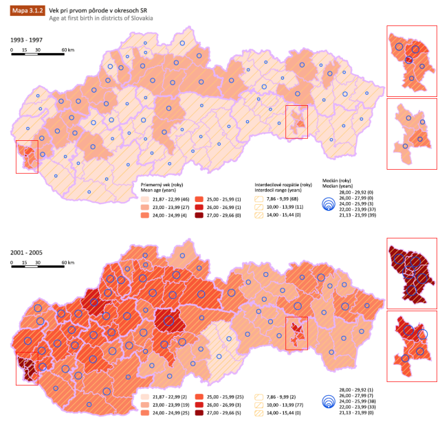 mapa veku pri prvom pôrode v publikácii Demografický atlas Slovenskej republiky, zdroj obrázka: Prírodovedecká fakulta UK v Bratislave